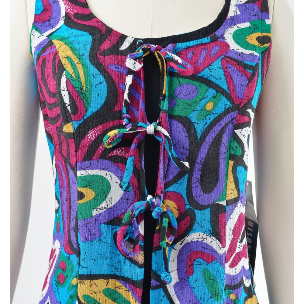 Vintage 90s Abstract Print Sleeveless Tie Front Layered Look Dress Deadstock M - Picture 5 of 7